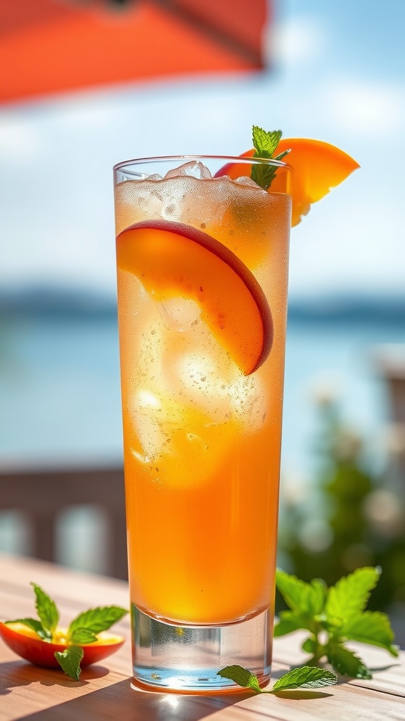 A refreshing Ginger Peach Gin Fizz cocktail with peach slices and mint garnish, sparkling in a sunny setting.